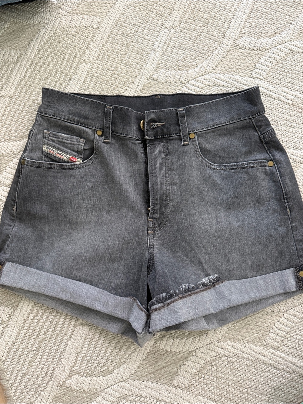 Diesel Black Gray Rolled-Hem Denim Shorts